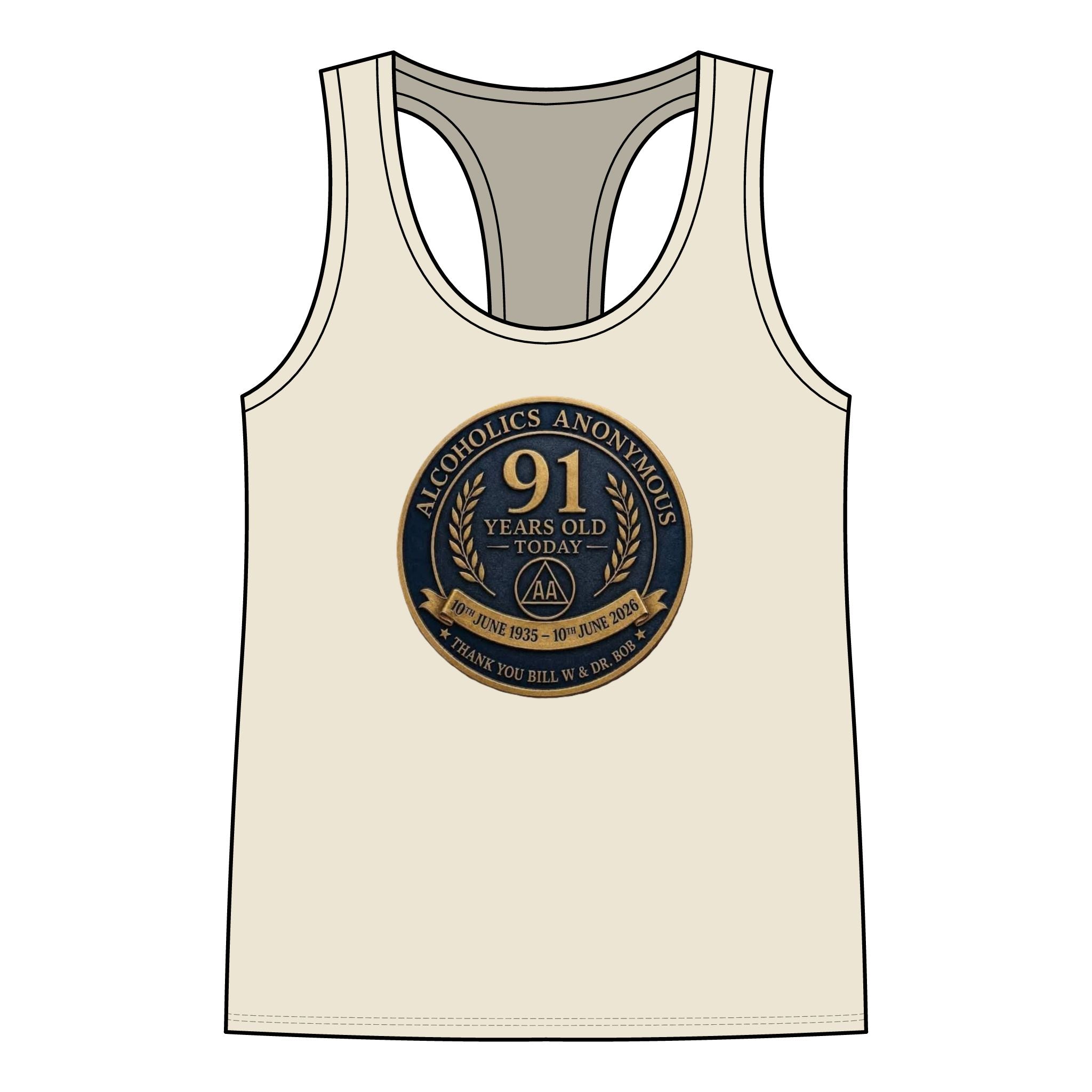 AA 91 Years Anniversary Women’s Racerback Tank — “Alcoholics Anonymous 91 Years Old Today” Commemorative Tank Top